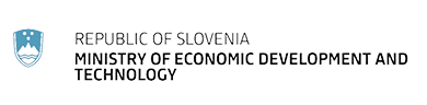 Logo of the Republic of Slovenia’s Ministry of Economic Development and Technology. The design features a blue and white emblem of Slovenia on the left, followed by the ministry's name in bold, uppercase letters. The image has a clean and professional appearance, representing the Slovenian government institution focused on economic growth, innovation, and technological advancement.