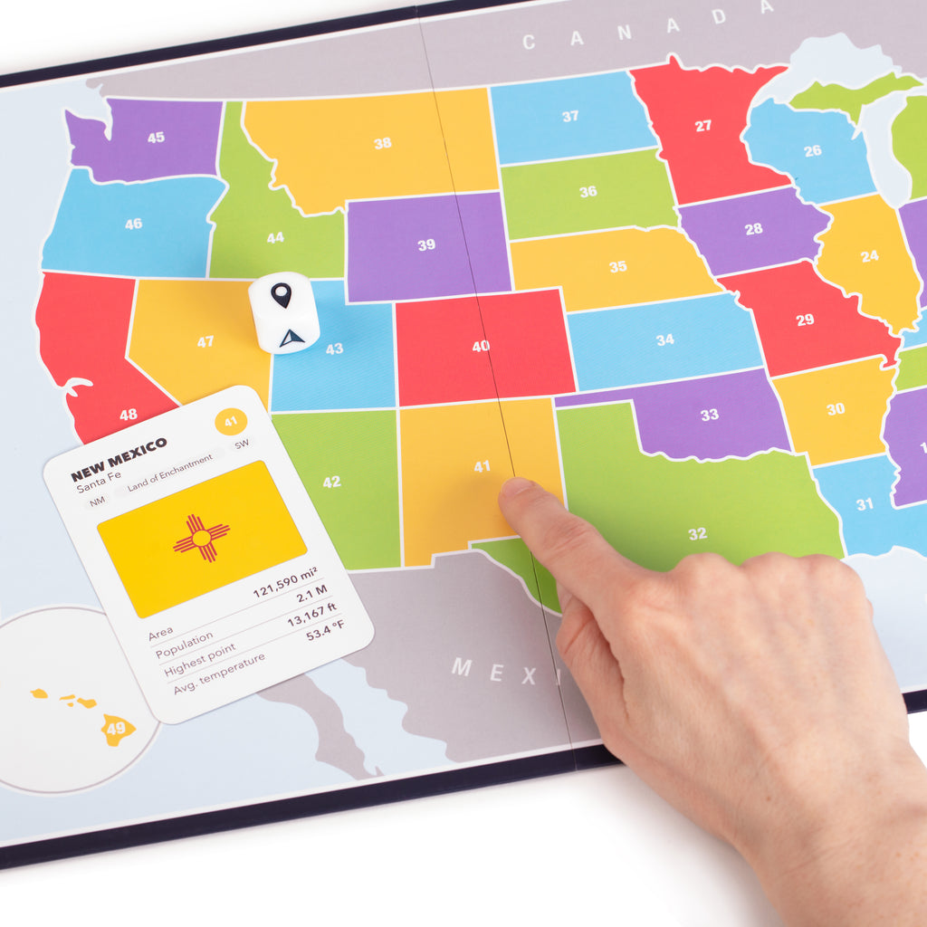 the 50 states game color coded map each state is represented and a New Mexico card and capital city and facts like area and population