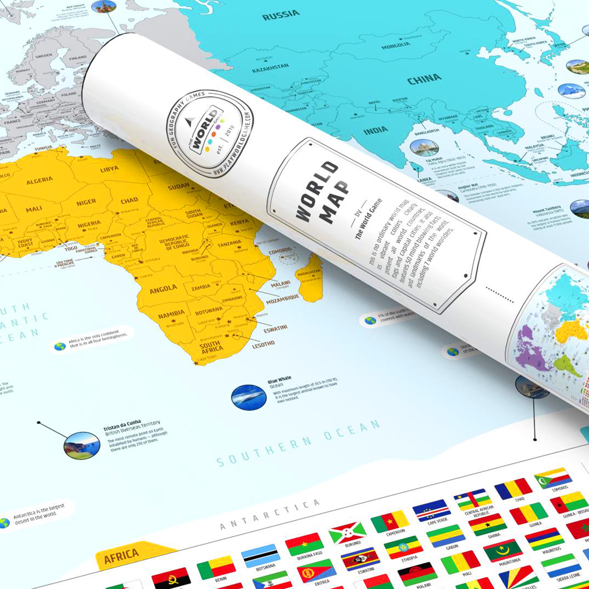 A fun educational giant global geography map instead of an atlas or a political book or globe.