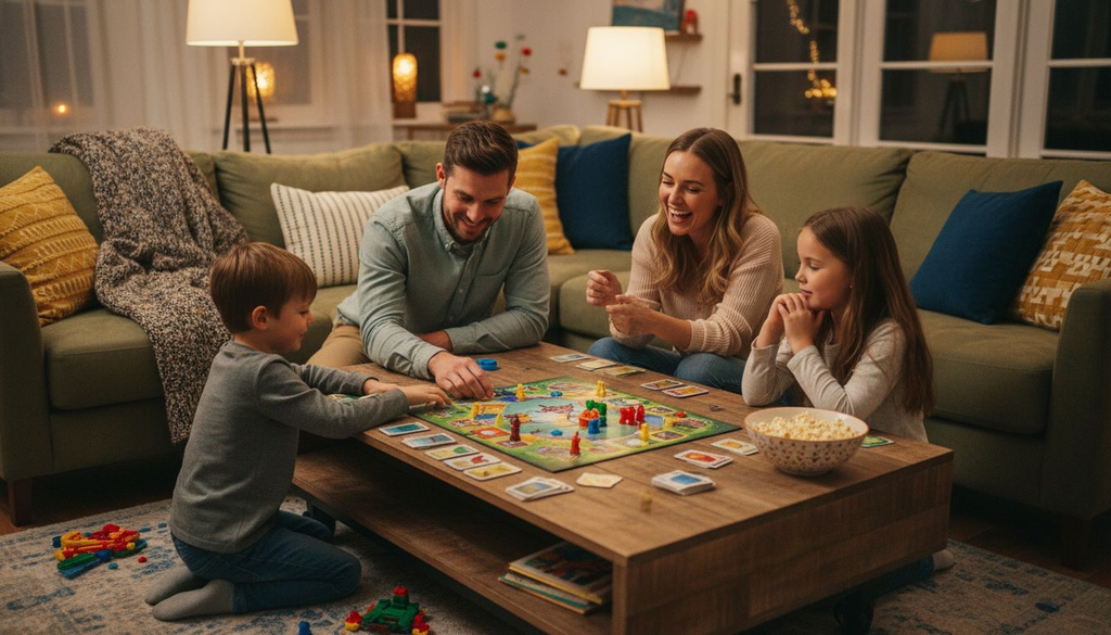 Family playing board game in living room