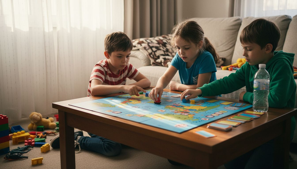 Children playing geography-themed board game