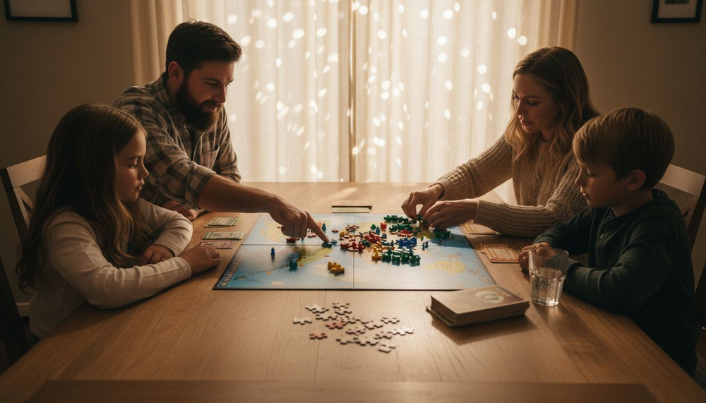 Family setting up geography board game