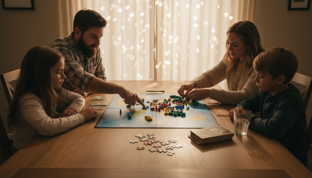 Family setting up geography board game