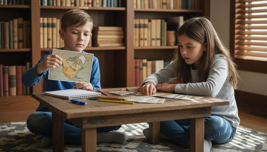 Kids playing geography card game on rug