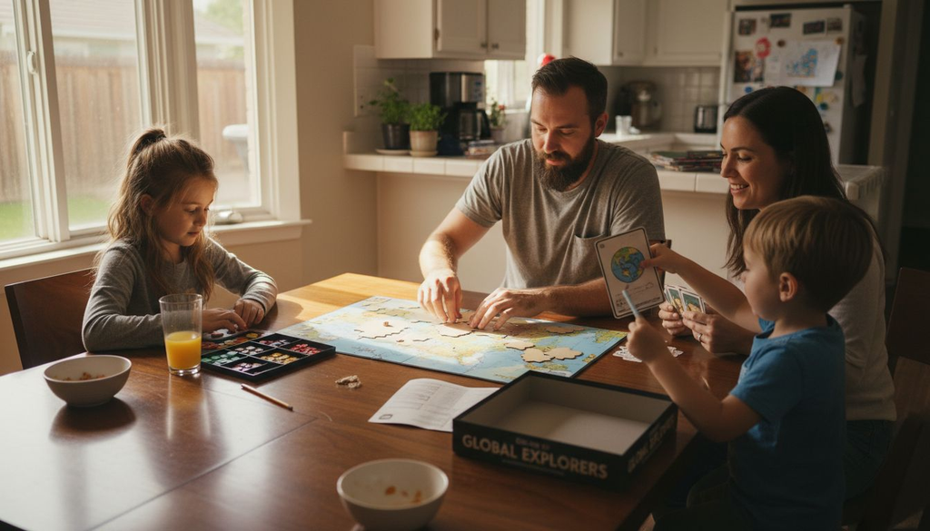 Family sets up geography board game in kitchen