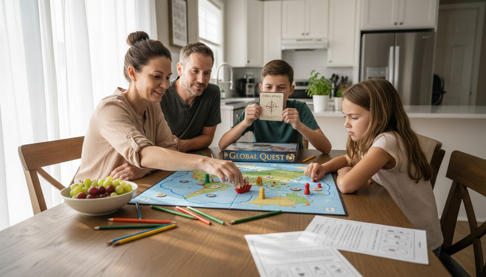 Family playing geography board game together