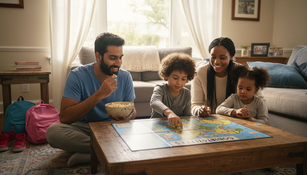 Family playing geography game at coffee table