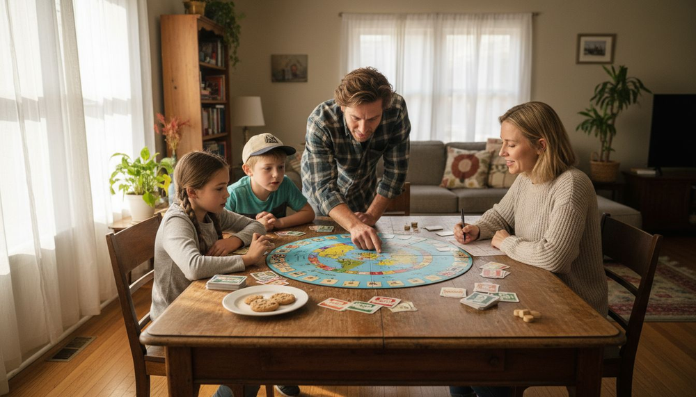 Family playing educational world geography board game