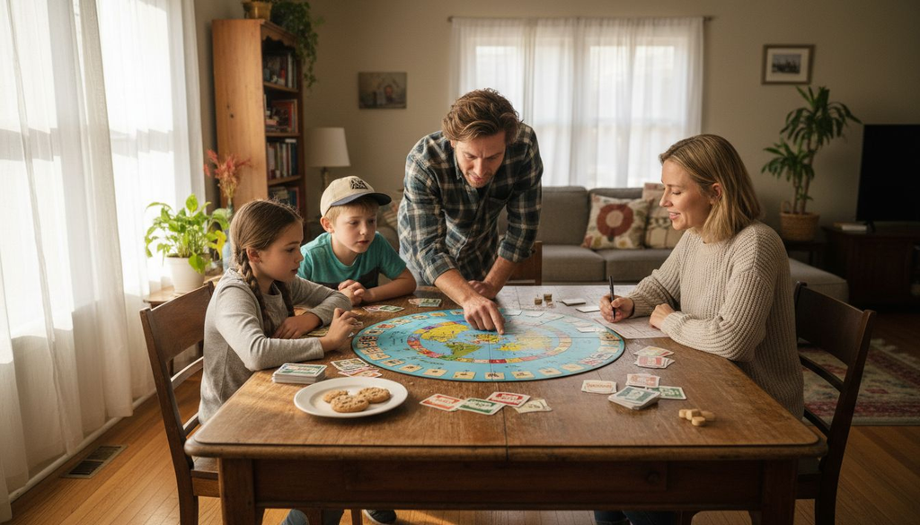 Family playing educational world geography board game