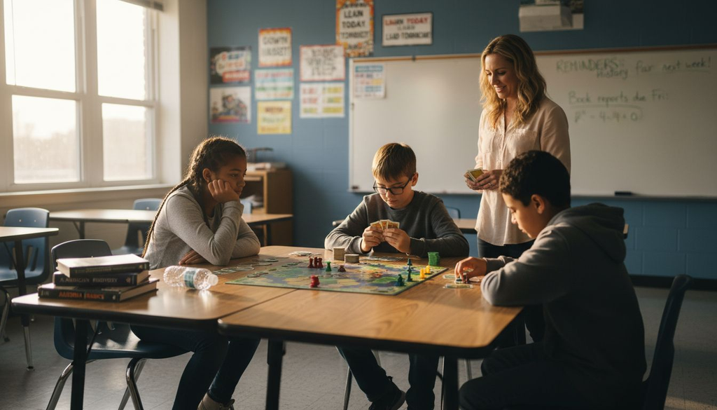 Students and teacher playing game in classroom