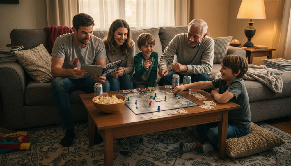 Family playing board game together at home