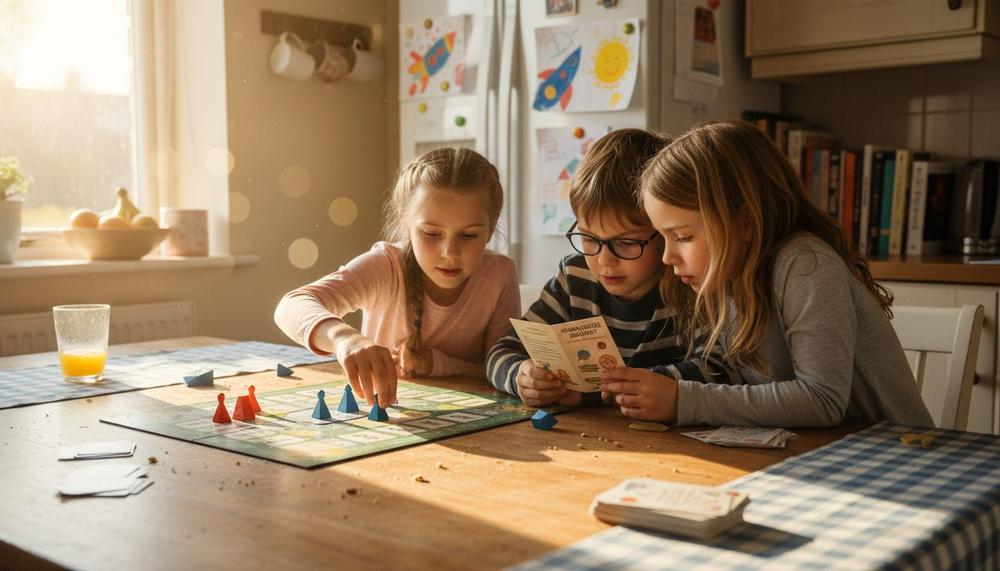 Children playing educational board game at home