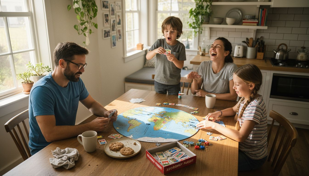 Family playing geography games together at kitchen table