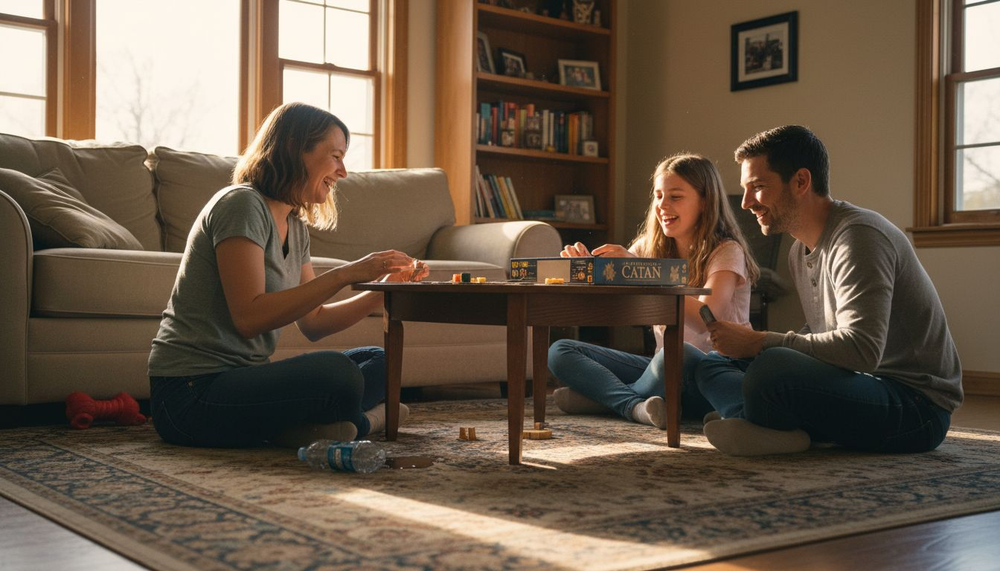 Family together playing board game in living room
