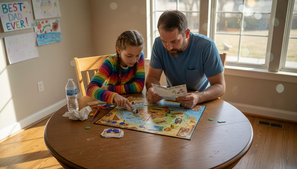 Family playing educational board game together
