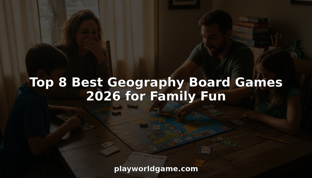 Family laughing playing geography board game