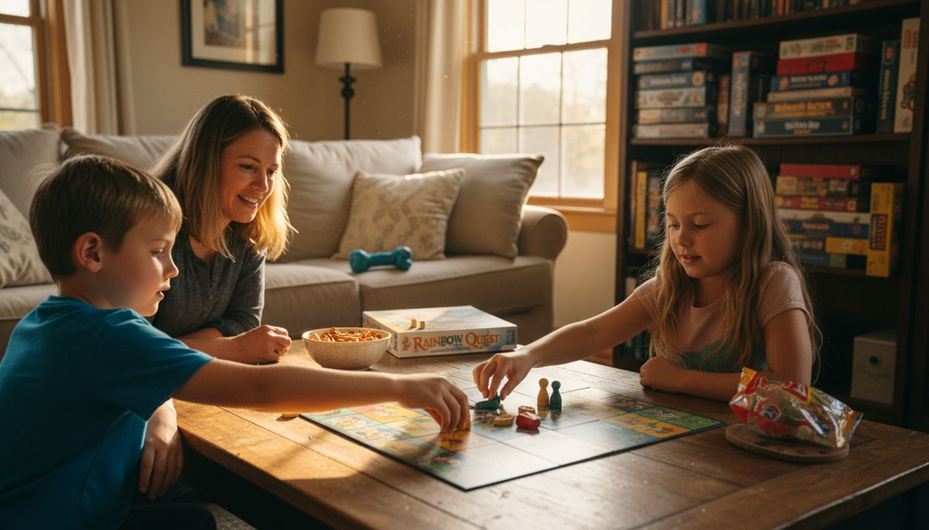 Kids and parent playing board game in living room