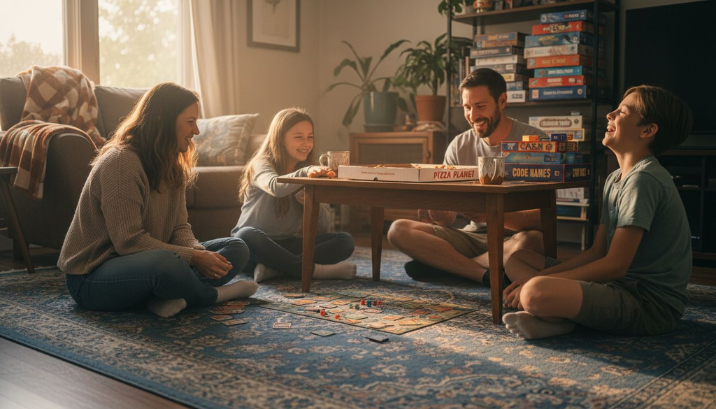 Family laughing playing board game at home