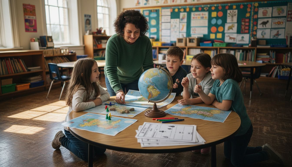 Teacher arranging geography games in classroom