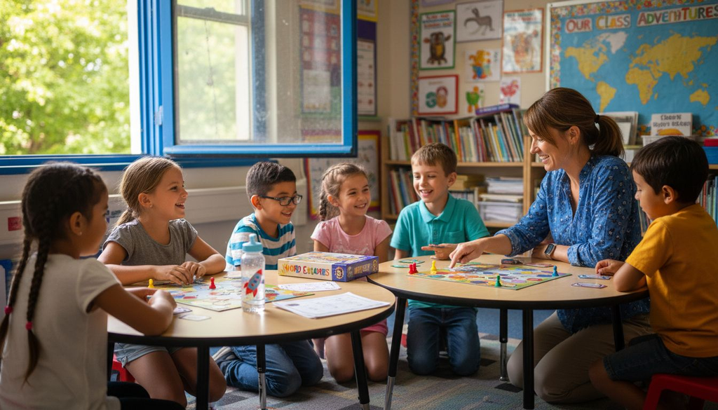 Children engaged in educational game classroom activity