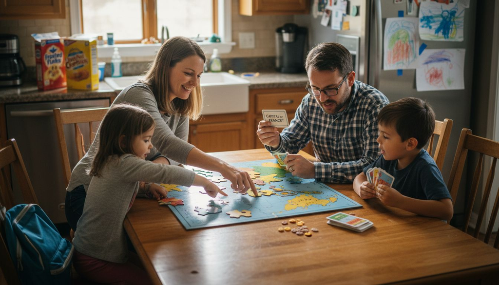 Family playing educational games at kitchen table