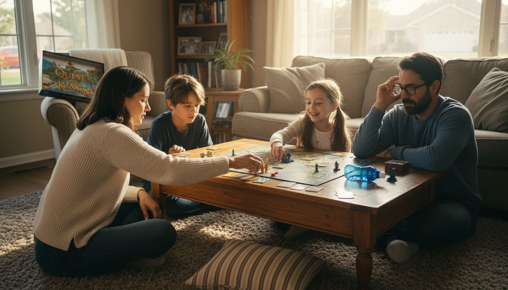 Family playing board game in living room