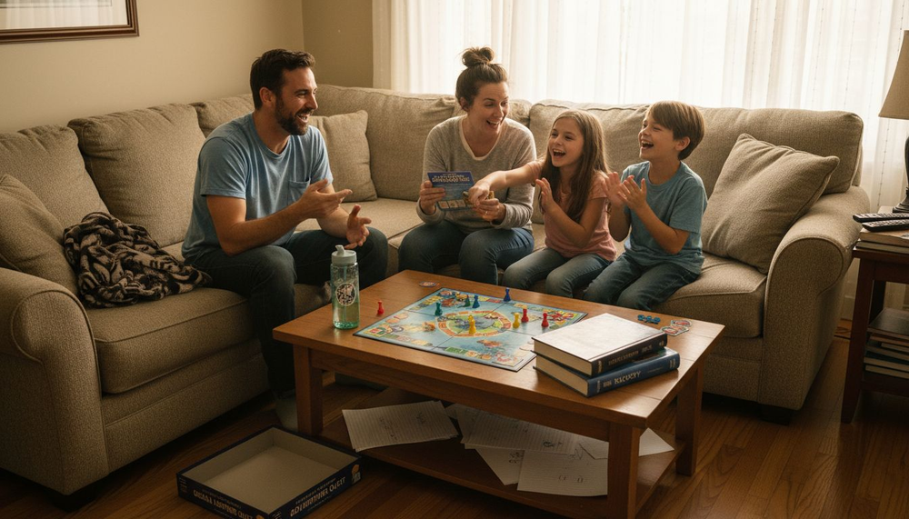 Family playing educational board game together