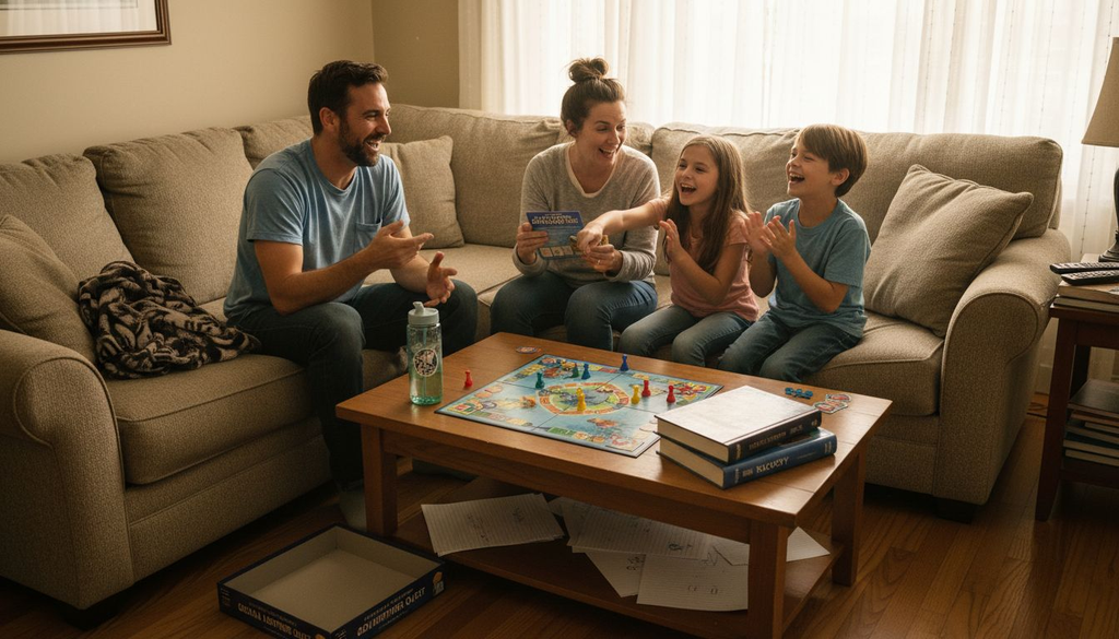 Family playing educational board game together