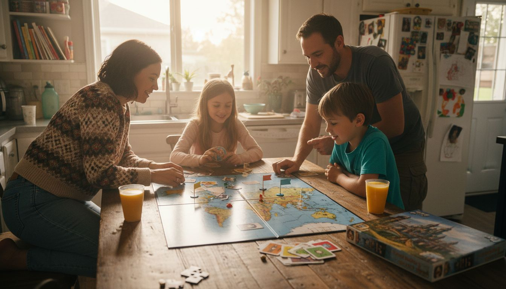 Family playing geography themed board game together