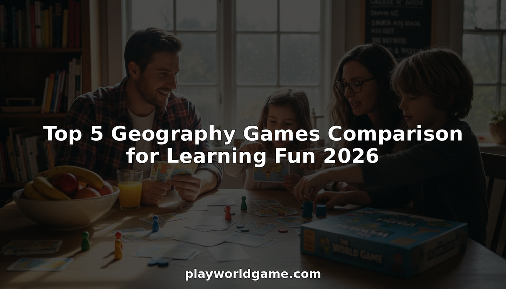 Family playing geography board game at kitchen table
