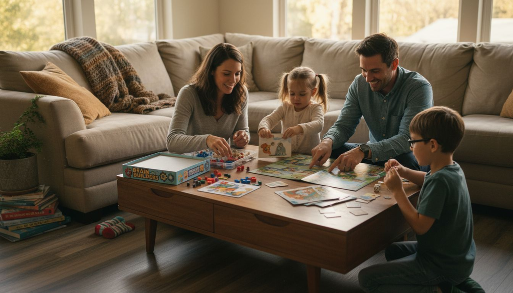 Family preparing educational board game setup