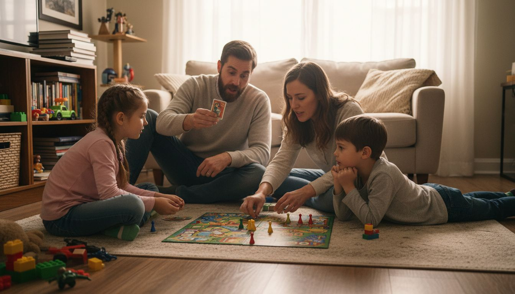 Family playing board game together in living room