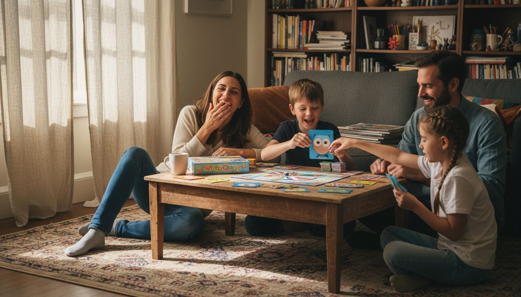 Family playing educational game together at home