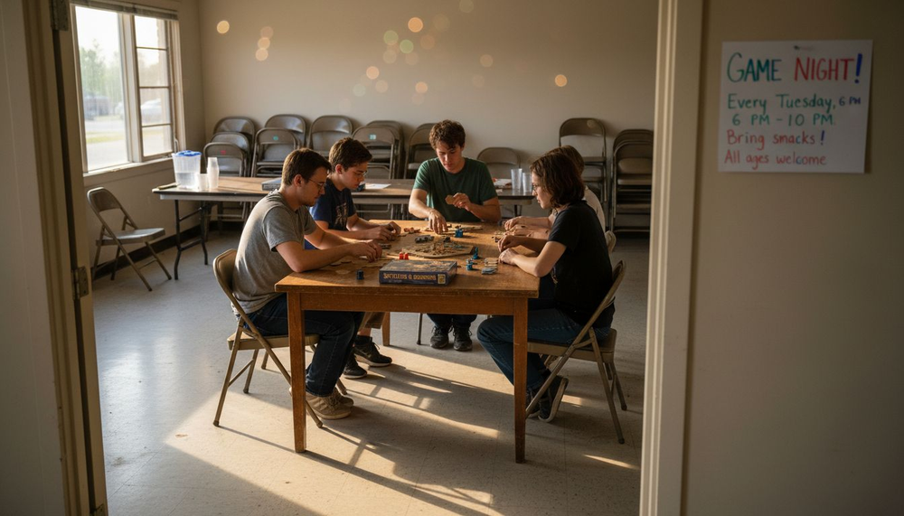 Group playing board game in community rec room
