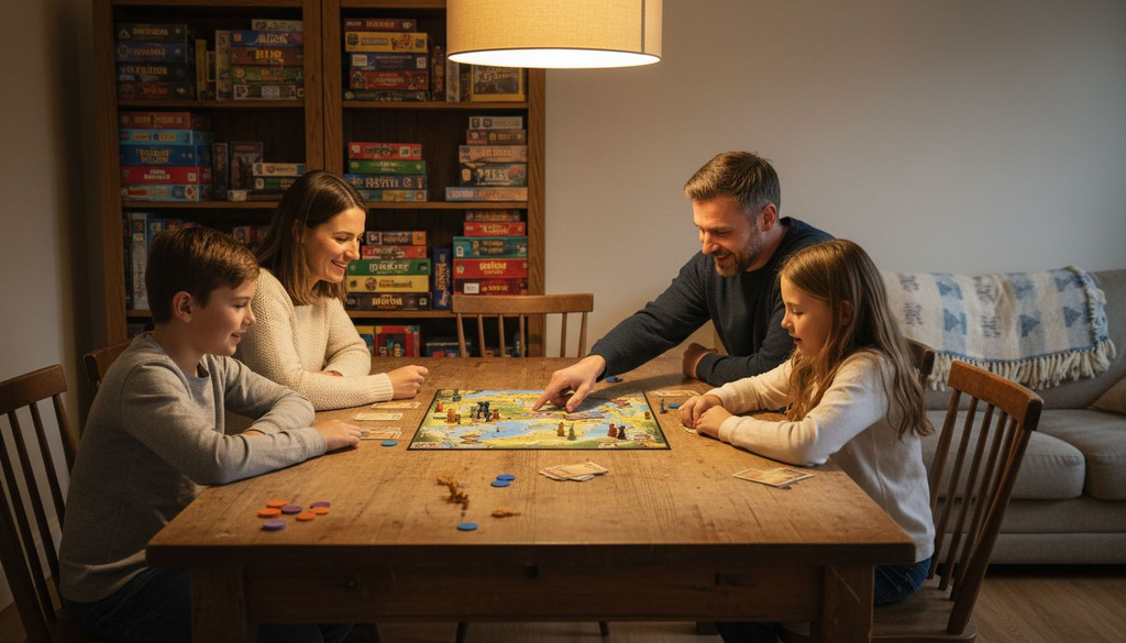 Family playing cooperative board game at home