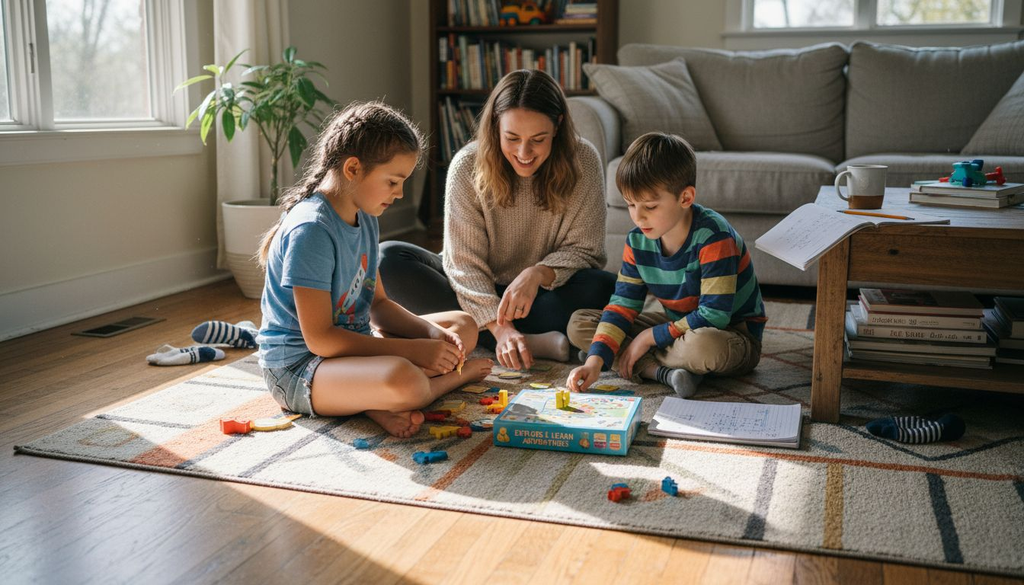 Family playing educational board game in living room
