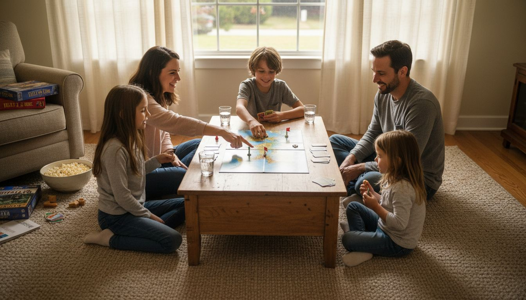 Family playing educational board game together