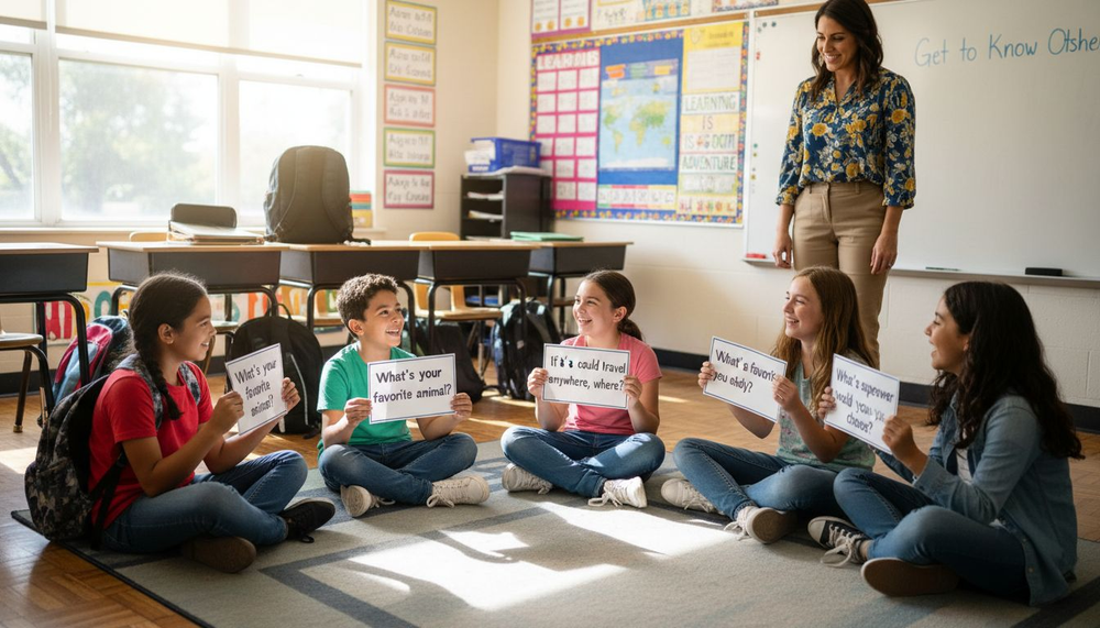 Students playing icebreaker game in classroom