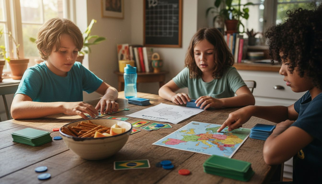 Kids playing geography card game together