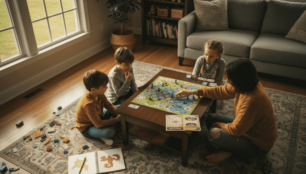 Family playing educational board game in living room