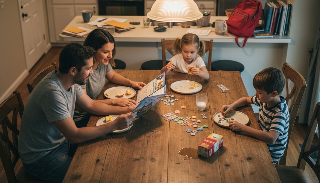 Family gathering for game night at kitchen table