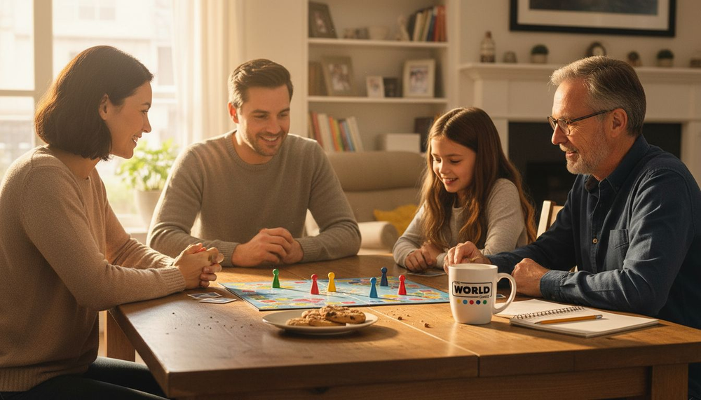 Family gathered playing a trivia board game