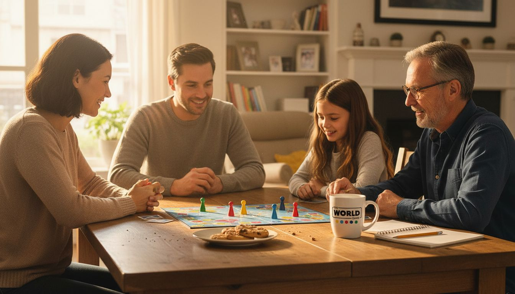 Family gathered playing a trivia board game