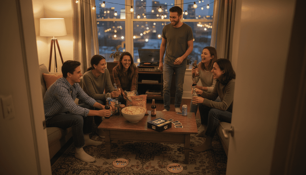 Guests arriving with drinks in cozy living room