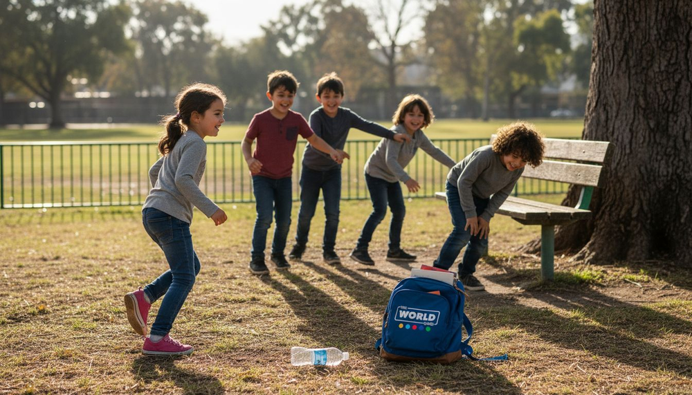 Kids playing tag in park with props