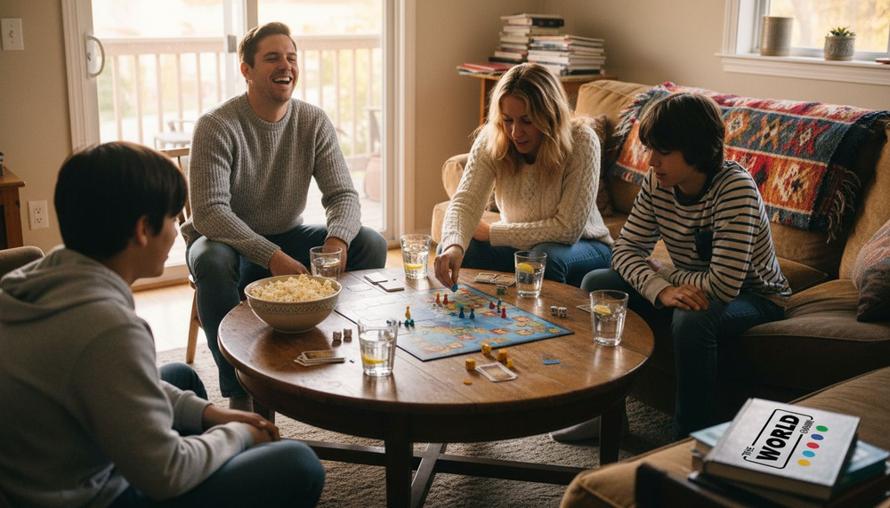 Family playing board game in cozy living room