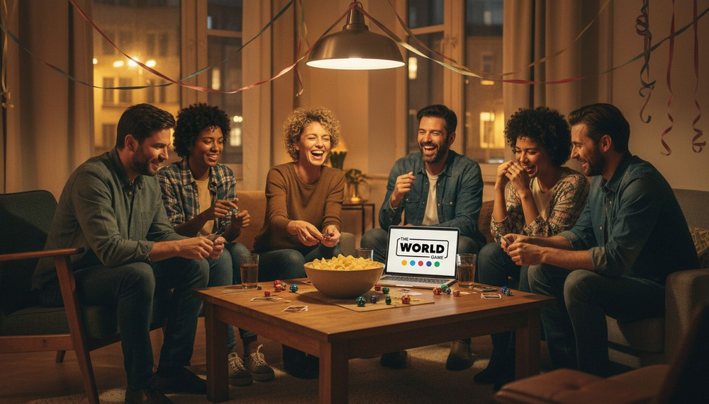 Group playing party games in city apartment