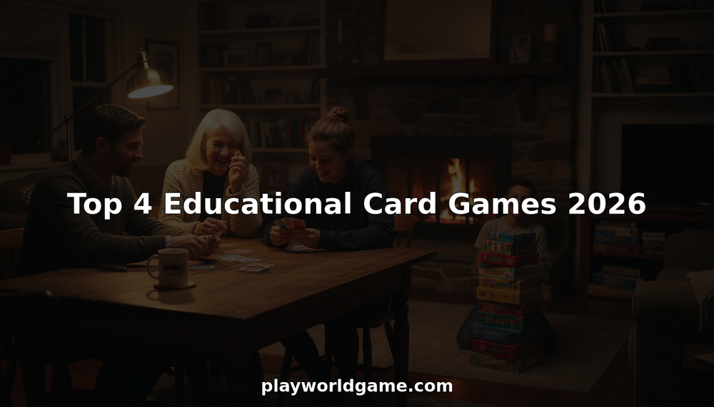 Family gathered playing educational card games