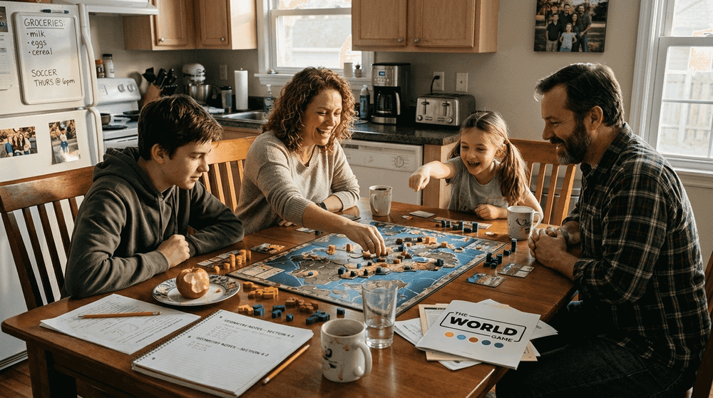 Family playing cooperative board game at kitchen table