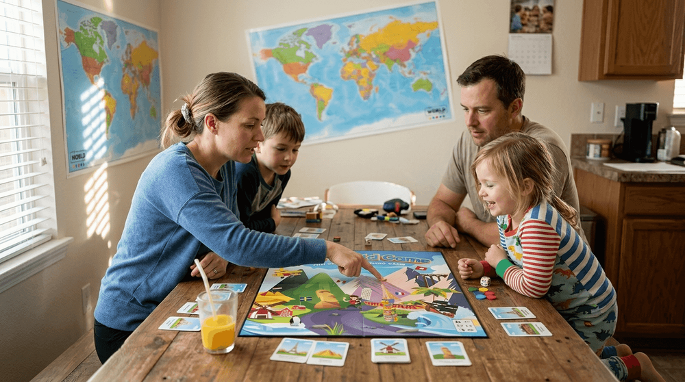 Family gathered playing geography board game